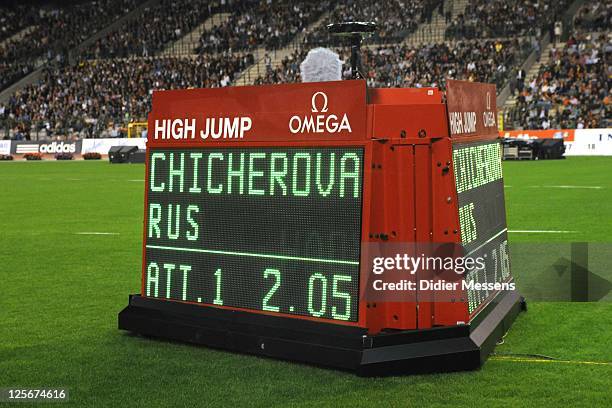 Scorebord with the results of Anna Chicherova winner of the the High Jump Women during the IAAF Golden League Memorial Van Damme meet at the King...