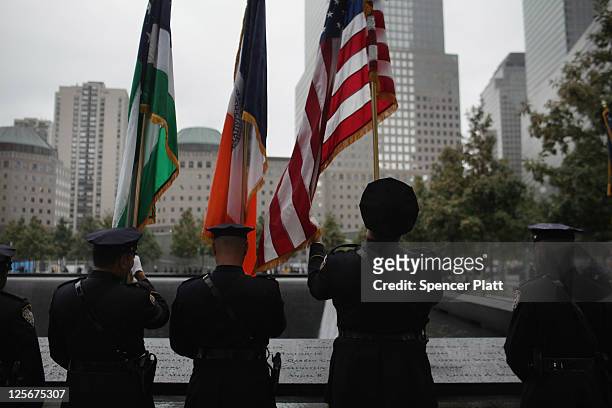 Members of the New York City Police Department participate in in a first responders wreath-laying ceremony at the National September 11 Memorial on...