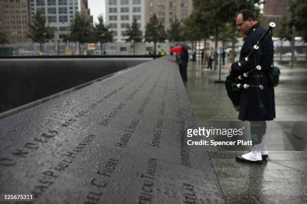 Names of first responders killed on September 11, 2001 are viewed during a first responders wreath-laying ceremony at the National September 11...