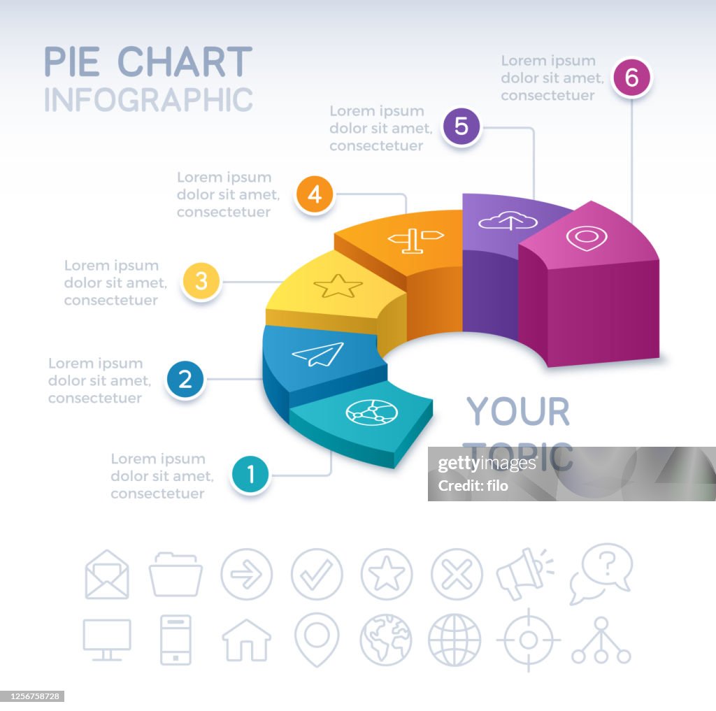 Zes sectie 3D Infographic Pie Chart
