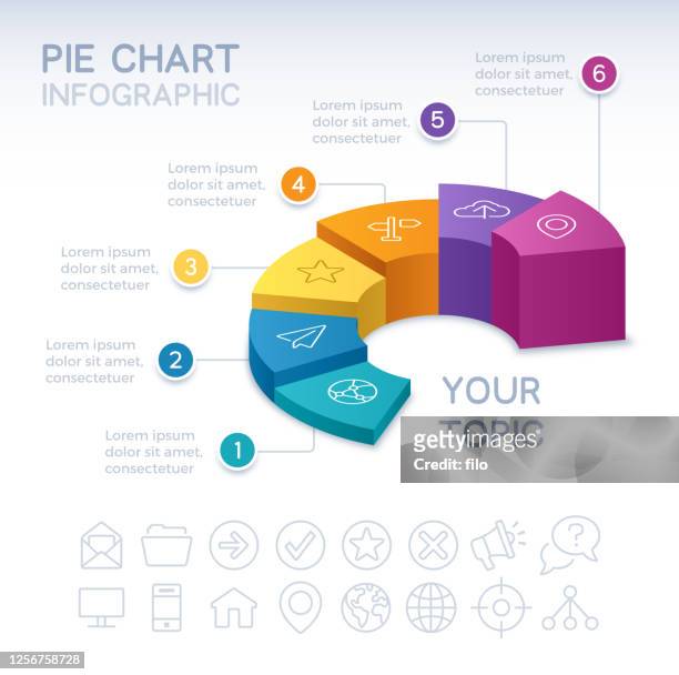 six section 3d infographic pie chart - three dimensional stock illustrations