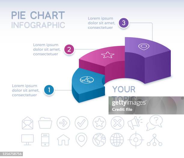 illustrazioni stock, clip art, cartoni animati e icone di tendenza di grafico a torta infografica 3d a tre sezioni - 3d charts