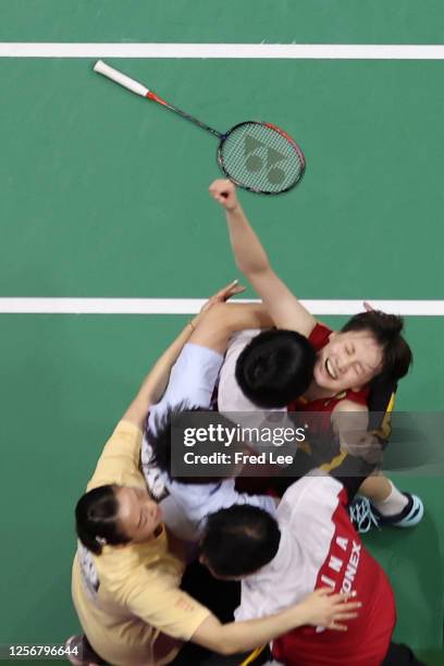 Chen Yufei of China celebrate the victory with teammate in the Women's Singles Finals match against An Seyoung of Team Korea during day eight of the...