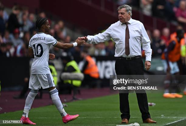 Leeds United's English head coach Sam Allardyce shakes hands with Leeds United's Dutch striker Crysencio Summerville as he prepares to come on as a...
