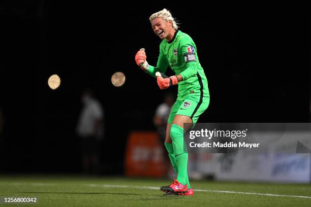 Jane Campbell of Houston Dash celebrates after blocking a penalty kick to defeat the Utah Royals FC in the quarterfinal match of the NWSL Challenge...