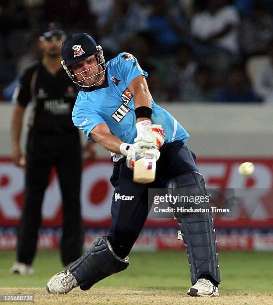 Auckland Acers batsman Lou Vincent playing a lofted shot during the Champions League Twenty20 qualifier match between Auckland and Somerset at Rajiv...