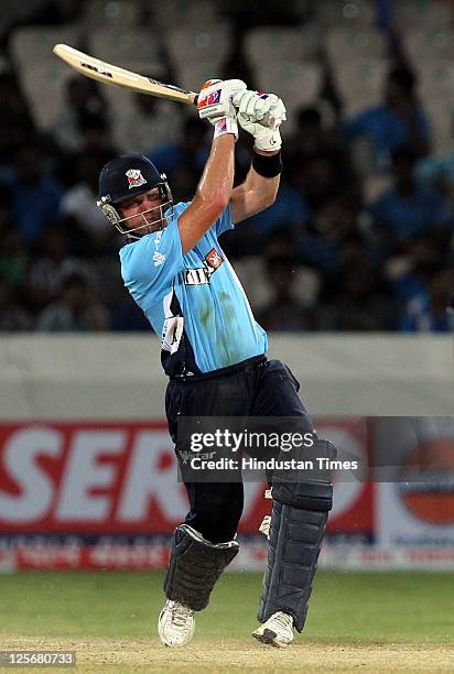 Auckland Acers batsman Lou Vincent plays an extravagent shot during the Champions League Twenty20 qualifier match between Auckland and Somerset at...