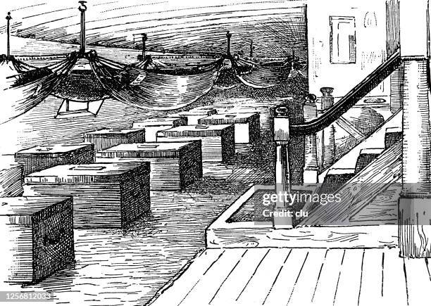 hammocks on board of a ship, boxes underneath - hammock stock illustrations