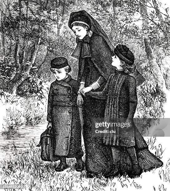 ilustraciones, imágenes clip art, dibujos animados e iconos de stock de viuda con sus dos hijos en el bosque - bolsa de playa