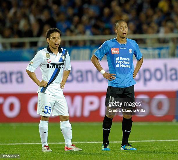 Yuto Nagatomo of FC Inter Milan and Takayuki Morimoto of Novara Calcio during the Serie A match between Novara Calcio and FC Internazionale Milano at...