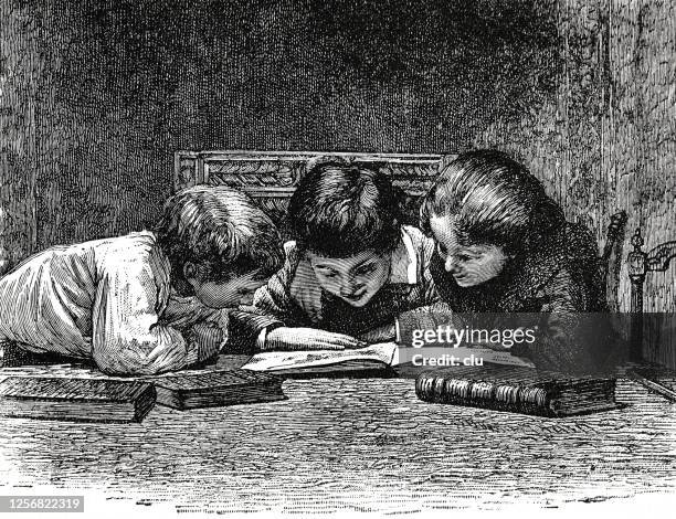 three children reading in a book, at the table - reading old young stock illustrations