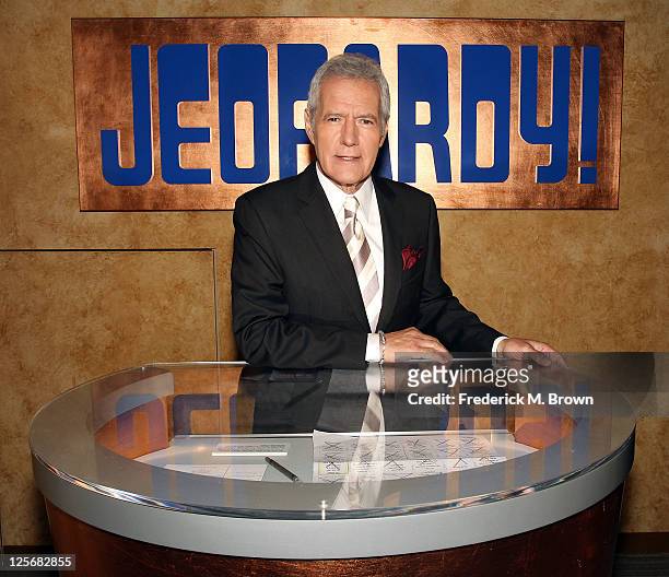Host Alex Trebek poses on the set at Sony Pictures for the 28th Season Premiere of the television show "Jeopardy" on September 20, 2011 in Culver...