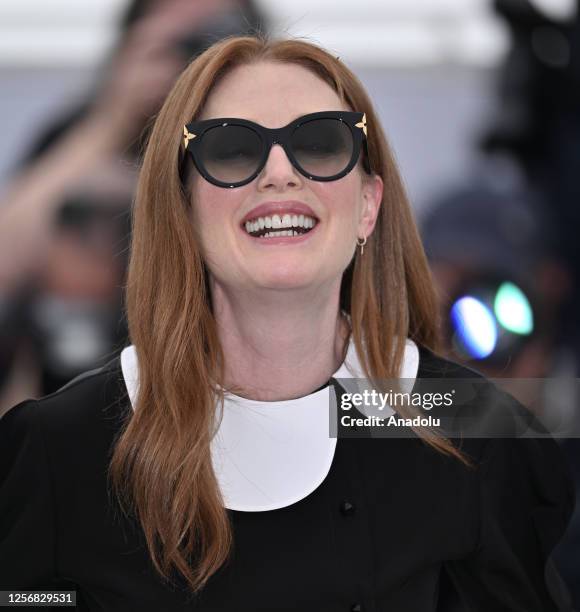 Actress Julianne Moore poses during a photocall for the film May December in competition at the 76th edition of the Cannes Film Festival at Palais...