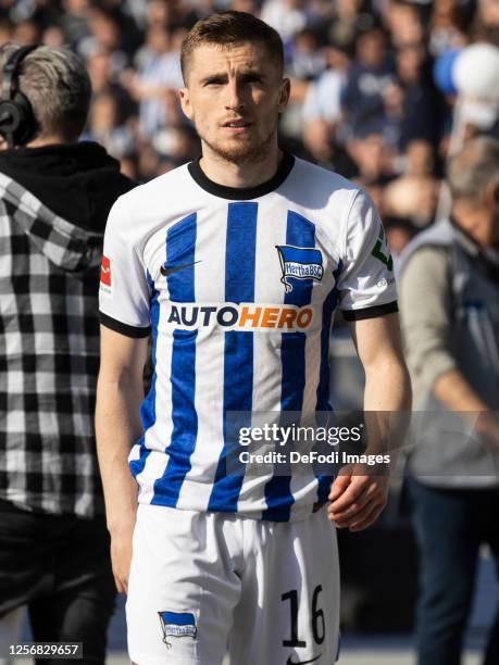 Jonjoe Kenny of Hertha BSC Berlin looks dejected after the Bundesliga match between Hertha BSC and VfL Bochum 1848 at Olympiastadion on May 20, 2023...