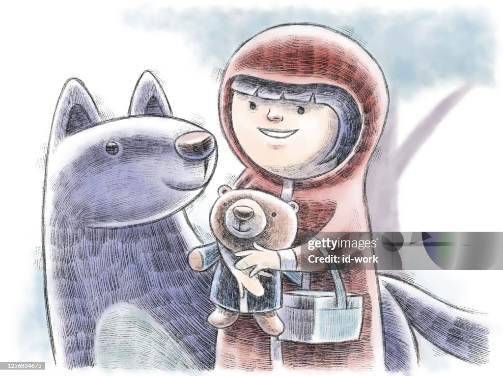 Girl holding teddy bear with wolf
