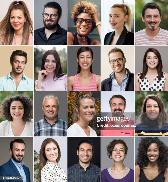 ritratti a colpo di testa di diverse persone sorridenti - fotomontaggio foto e immagini stock