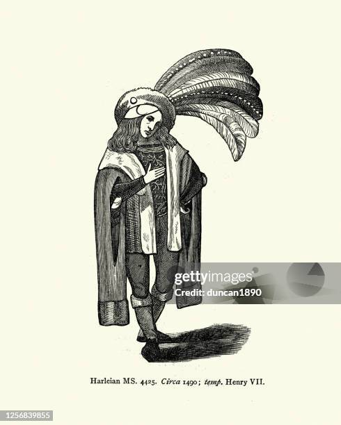 man in the fashion of late 15th century, multi-fathered hat - slit clothing stock illustrations