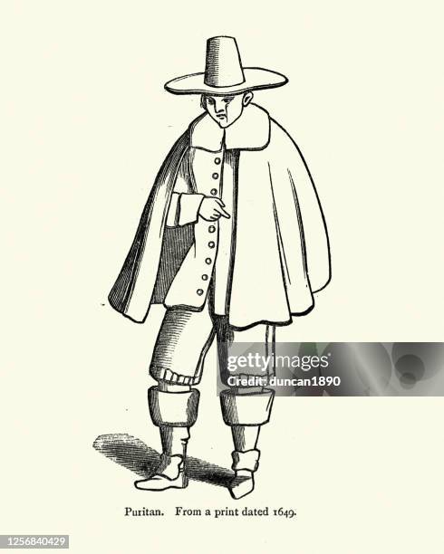 illustrazioni stock, clip art, cartoni animati e icone di tendenza di costume, uomo puritano, cappello a tesa larga, stivali, mantello, moda del xvii secolo - protestantism