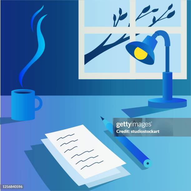 work desk with paper and a reading lamp - study table lamp stock illustrations