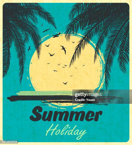 summer tropical sunset with palm trees. retro grunge background. - beach party backgrounds stock illustrations
