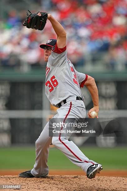 Relief pitcher Tyler Clippard of the Washington Nationals throws a pitch during a game against the Philadelphia Phillies at Citizens Bank Park on...