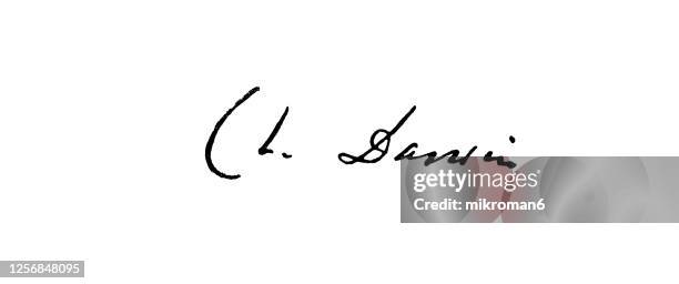 signature of charles robert darwin, british naturalist and scientist - charles darwin stock-fotos und bilder