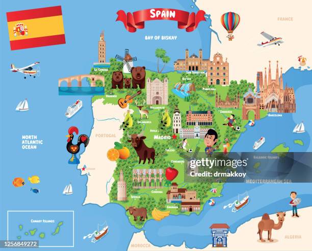 ilustraciones, imágenes clip art, dibujos animados e iconos de stock de mapa de españa - plaza mayor madrid