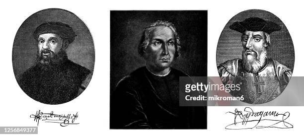 portraits of three great explorers, ferdinand magellan, christopher columbus, vasco da gama - magellan stock pictures, royalty-free photos & images