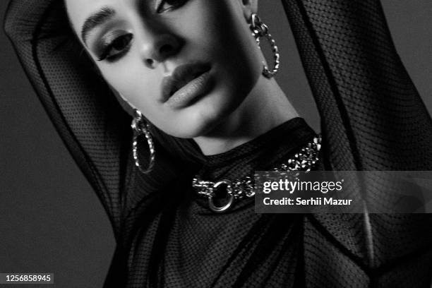 black and white portrait of young beautiful woman - posh people with big teeth stock pictures, royalty-free photos & images