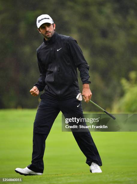 Joel Stalter of France celebrates after playing a chip shot on the 15th hole during day four of the Euram Bank Open at Golf Club Adamstal on July 18,...