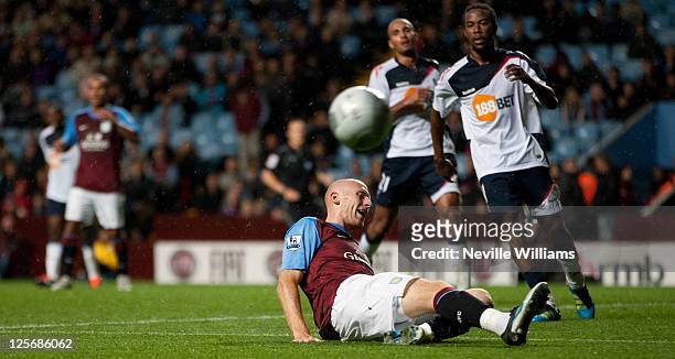 James Collins of Aston Villa during the Carling Cup third round match between Aston Villa and Bolton Wanderers at Villa Park on September 20, 2011 in...
