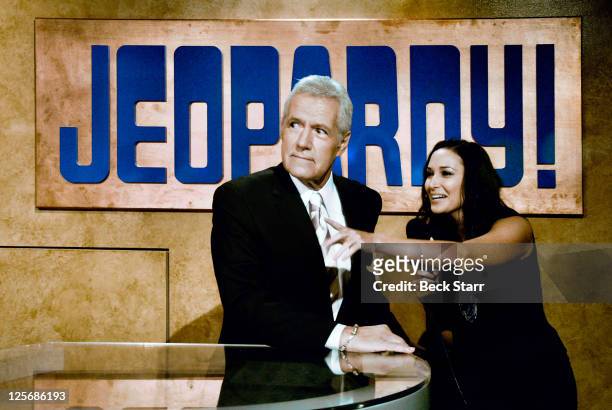 Game show host Alex Trebek is interviewed at the "Jeopardy!" Hall of Fame Sony Pictures Studios tour ribbon cutting ceremony at Sony Pictures Studios...
