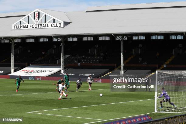 Aleksandar Mitrovic of Fulham scores his sides third goal from the penalty spot during the Sky Bet Championship match between Fulham and Sheffield...