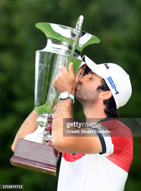 Joel Stalter of France poses with the trophy after winning the Euram Bank Open at Golf Club Adamstal on July 18, 2020 in Ramsau, Austria.