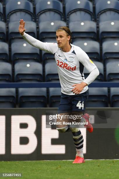 Brad Potts of Preston North End scores his sides second goal during the Sky Bet Championship match between Preston North End and Birmingham City at...