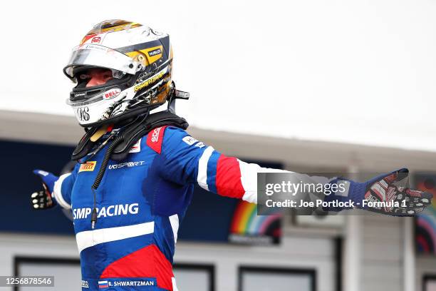 Race winner Robert Shwartzman of Russia and Prema Racing celebrates in parc ferme during the feature race for the Formula 2 Championship at...