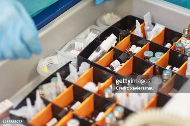 organized variation of medicine in hospital crash cart - hospital cart stock pictures, royalty-free photos & images