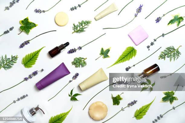 lavender flowers and beauty cosmetics products isolated on white background. - herb stock photos et images de collection