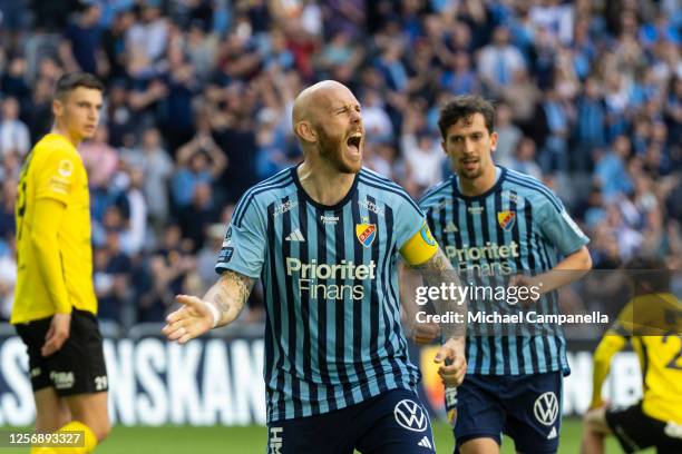 Djurgarden's Magnus Eriksson celebrates scoring the 1-0 goal during an Allsvenskan match between Djurgardens IF and Mjallby AIF at Tele2 Arena on May...