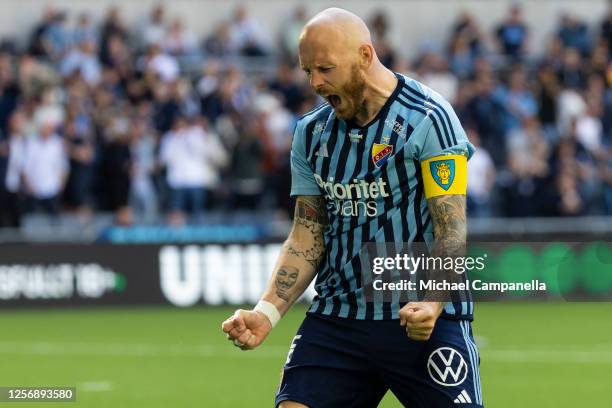 Djurgarden's Magnus Eriksson celebrates scoring the 1-0 goal during an Allsvenskan match between Djurgardens IF and Mjallby AIF at Tele2 Arena on May...