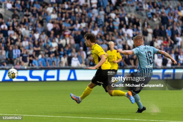 Djurgarden's Victor Edvardsen scores the 2-0 goal during an Allsvenskan match between Djurgardens IF and Mjallby AIF at Tele2 Arena on May 21, 2023...
