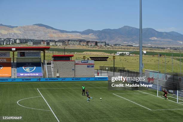 Sarah Killion of Sky Blue FC kicks a penalty kick against Aubrey Bledsoe of Washington Spirit in the quarterfinal match of the NWSL Challenge Cup at...