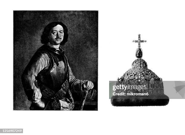 portrait and crown of tsar peter i the great (1672-1725), emperor of russia - peter i of russia stock pictures, royalty-free photos & images