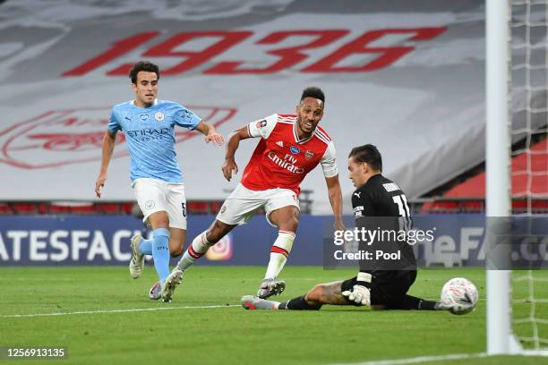 Pierre-Emerick Aubameyang of Arsenal scores his team's second goal during the FA Cup Semi Final match between Arsenal and Manchester City at Wembley...