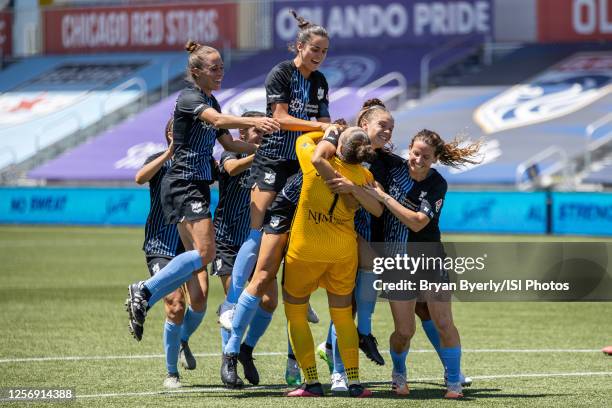 Kailen Sheridan of Sky Blue FC celebrates with her team during a game between Sky Blue FC and Washington Spirit at Zions Bank Stadium on July 18,...