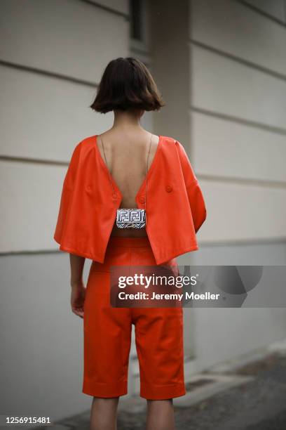 Lea Neumann wearing Fendi California Sky bag and Nobi Talai two piece on July 15, 2020 in Berlin, Germany.