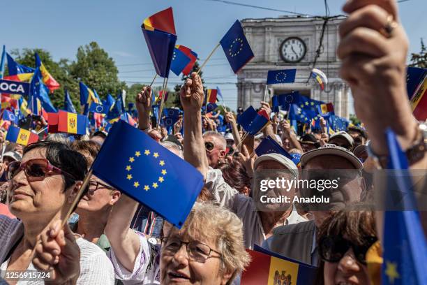 Moldovan citizens with Moldovan and EU flags rally for their desire to join the European Union in Chisinau, Moldova, 21 May 2023. As a result of the...