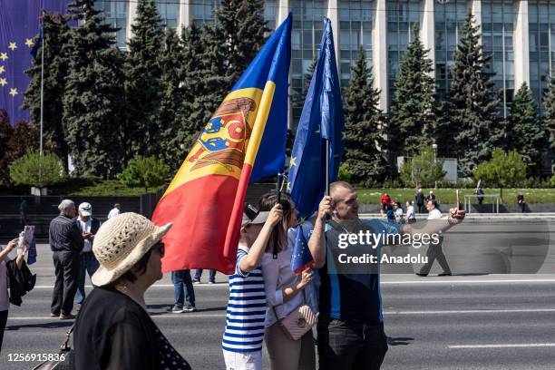 Moldovan citizens with Moldovan and EU flags rally for their desire to join the European Union in Chisinau, Moldova, 21 May 2023. As a result of the...