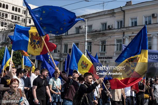 Moldovan citizens with Moldovan and EU flags rally for their desire to join the European Union in Chisinau, Moldova, 21 May 2023. As a result of the...