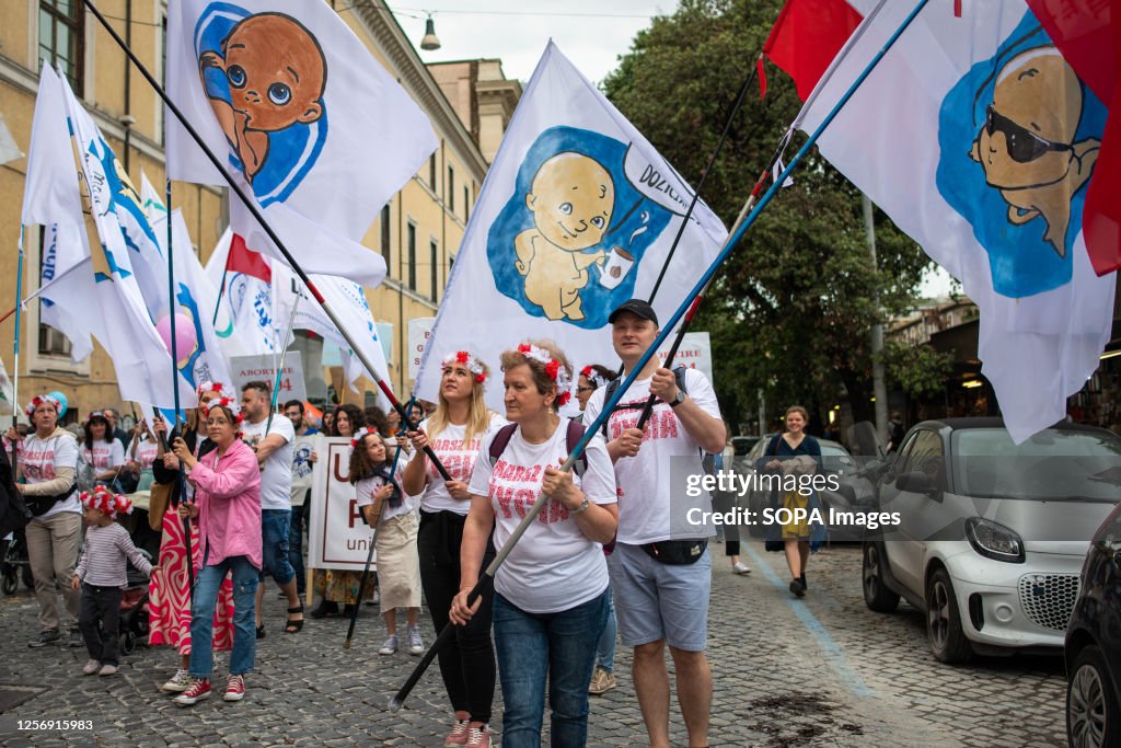 Polish women with flags with newborn babies march during...